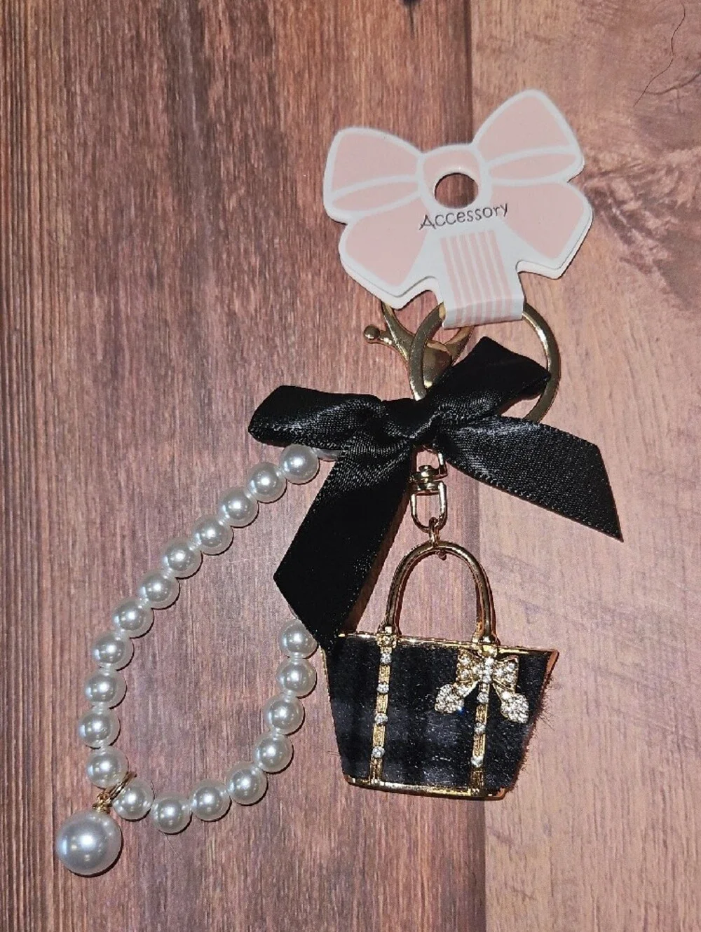 Pearl-Accent Mini Purse Keychain with Black Ribbon New